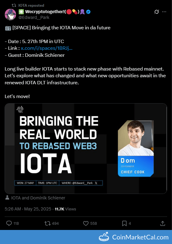 cmcal_bot's tweet image. 🆕 New IOTA $IOTA event! 
 
27 May 2025 
IOTA Twitter Space  
 
Source: coinmarketcal.com/en/event/iota-…
