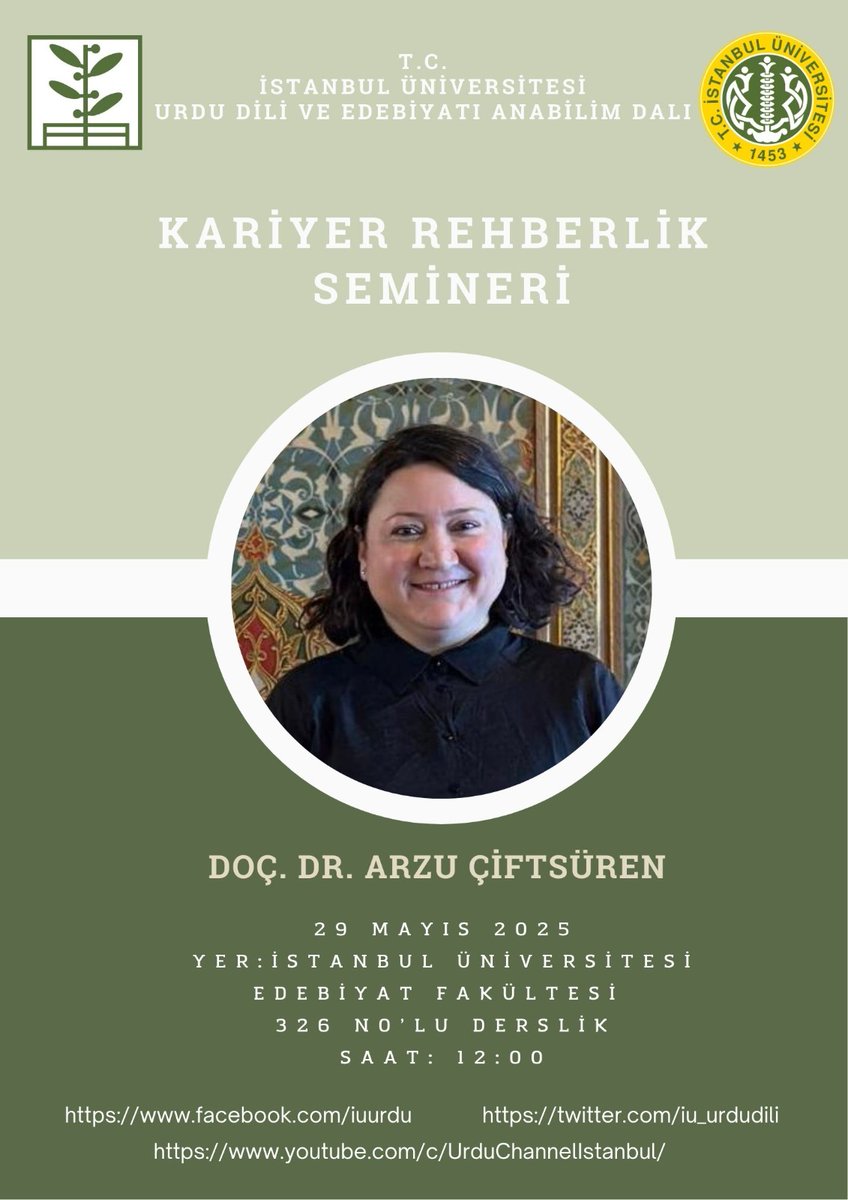 29 Mayıs 2025 tarihinde İÜ Urdu Dili ve Edebiyatı öğrencilerine yönelik "Kariyer Rehberlik Semineri" düzenlenecektir. Tüm öğrencilerimizi etkinliğe bekliyoruz.