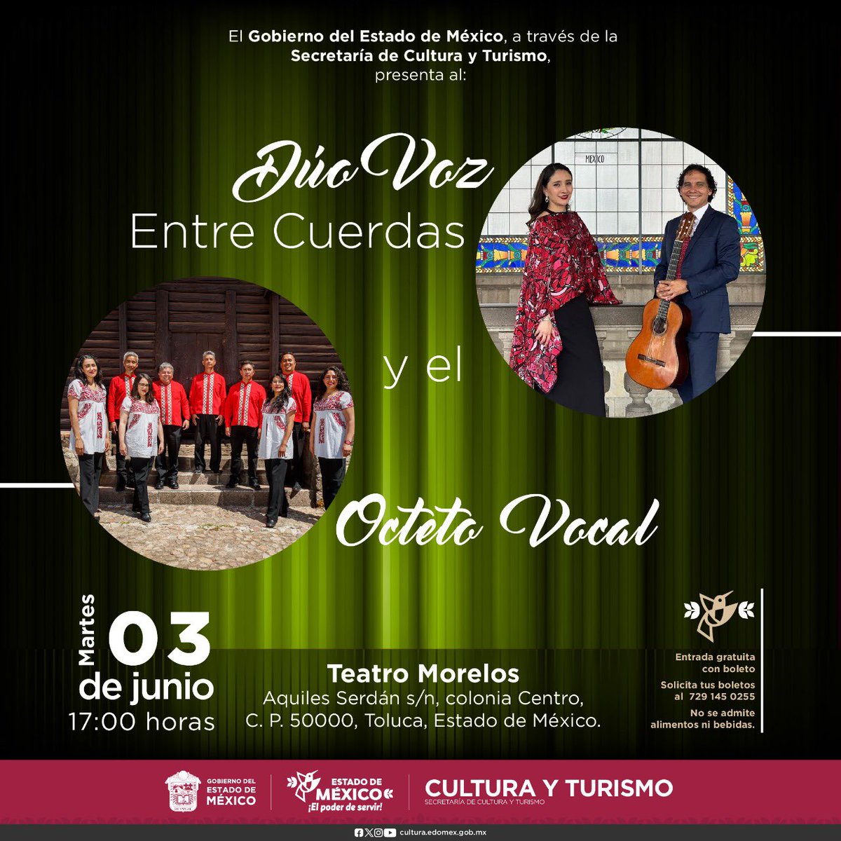 VCuerdas's tweet photo. Nos vemos el martes 03 de junio en el #TeatroMorelos de #Toluca 
Pueden solicitar sus boletos 🎫 por whats app, son gratuitos. 
@SOLTOLUCA @TolucalaBellaCd @CulturaEdomex @NellyCarrascoIV @DIFEM_ @EdomexTurismo @milenio_edomex @Edomex https://t.co/YrIGKFdCx7