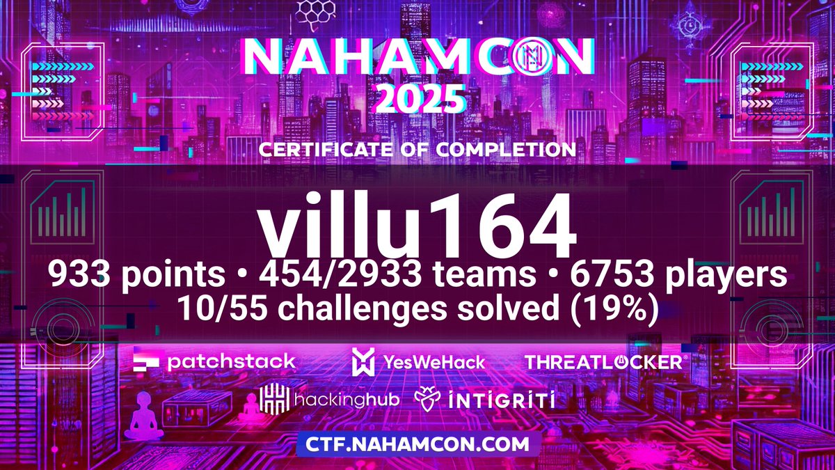 villu164's tweet photo. I participated in the NahamCon 2025 CTF! Thanks @nahamsec @_JohnHammond @BuildHackSecure @HuskyHacksMK @kkevsterrr and all others involved!  #NahamCon2025 https://t.co/wHOyWevBgZ