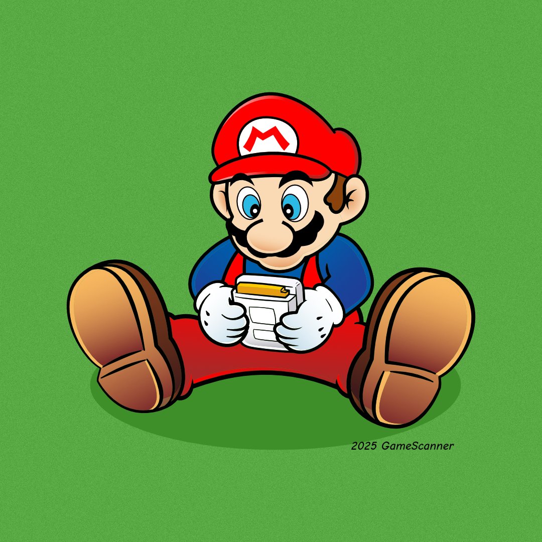 Mario playing a Game Boy - a remaster of the original Game &amp; Watch Gallery artwork. I tried to stay as close to the original as my skills allowed, though I did make a slight change: I added a notch to the yellow cartridge, which wasn’t present in the original.