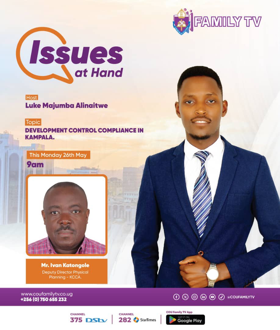 Kampala Capital City Authority Spox (@kccaspox) on Twitter photo Tomorrow, Monday 26 May 2025 (9am) we bring you our Deputy Director Land Use, Planning and Development to share with you all issues concerning development control and compliance in Kampala.
Catch us live on <a href="/coufamilytv/">COU Family TV</a> and follow this #KCCAonAir segment. Tomorrow, Monday 26 May 2025 (9am) we bring you our Deputy Director Land Use, Planning and Development to share with you all issues concerning development control and compliance in Kampala.
Catch us live on <a href="/coufamilytv/">COU Family TV</a> and follow this #KCCAonAir segment.