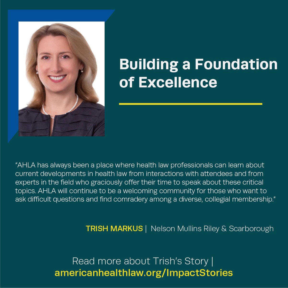 As a lawyer who is interested in the state of #healthlaw, Trish, who was AHLA’s 2023-2024 President, welcomes the innovative and collaborative AHLA membership and looks forward to future conversations on important topics in the industry.

Read her Story: americanhealthlaw.org/impactstories