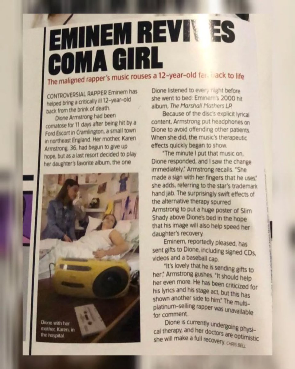 gothamhiphop's tweet image. Eminem’s iconic album The Marshall Mathers LP turned 25 this week.

Today I learned that this album actually helped bring a girl out of a coma 😭

12-year old Dione Armstrong was in a coma for 11 days and as a last ditch effort, her mother played MMLP for her on headphones and…