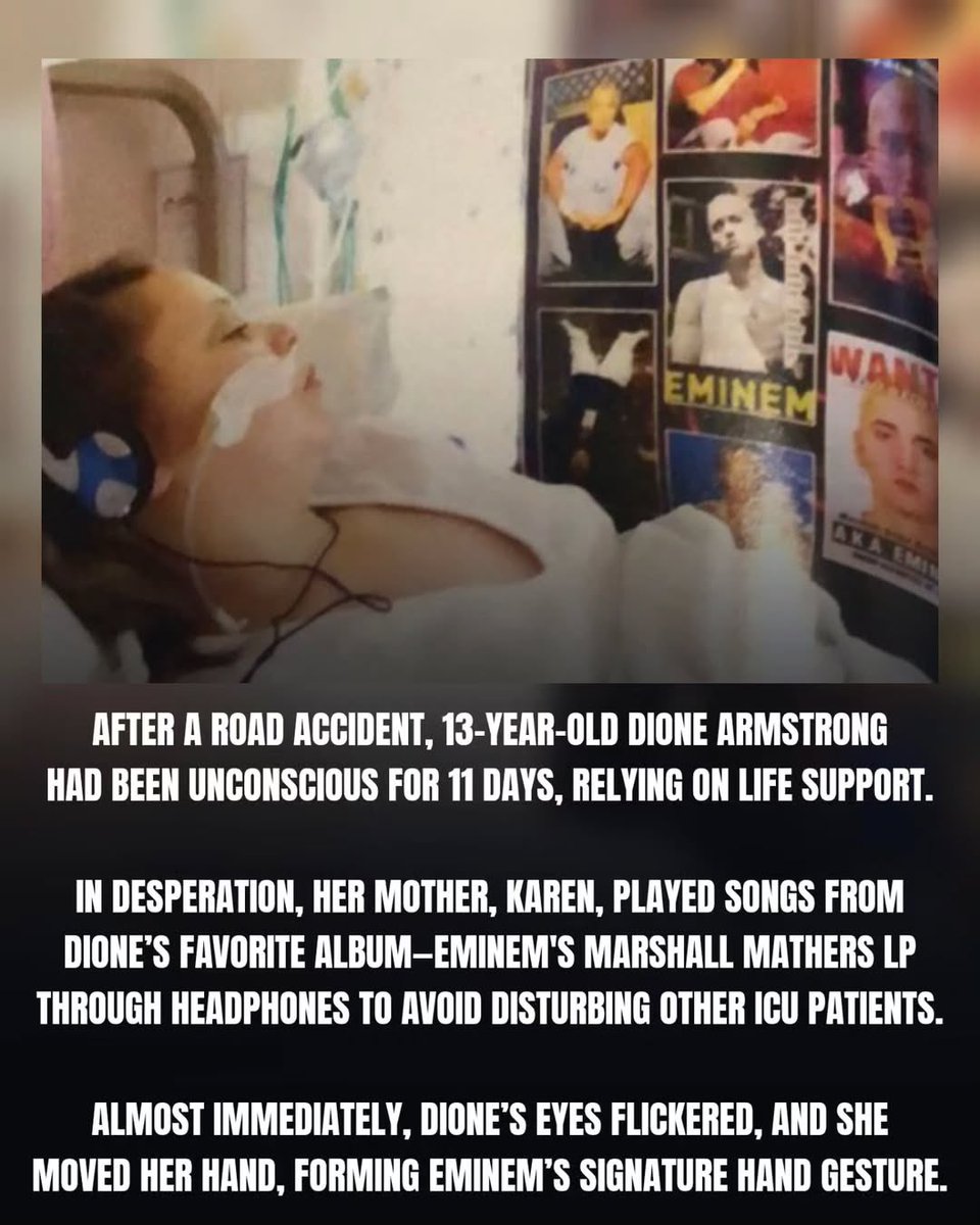 gothamhiphop's tweet image. Eminem’s iconic album The Marshall Mathers LP turned 25 this week.

Today I learned that this album actually helped bring a girl out of a coma 😭

12-year old Dione Armstrong was in a coma for 11 days and as a last ditch effort, her mother played MMLP for her on headphones and…