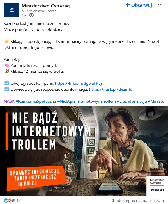 Czy kampania społeczna może wykluczać, nawet jeśli jej cel jest słuszny? Niestety — tak. Dowiodło tego <a href="/CYFRA_GOV_PL/">Ministerstwo Cyfryzacji</a>  oraz <a href="/NASK_pl/">NASK</a> 

W ostatnich dniach pojawiła się grafika przygotowana przez NASK i Ministerstwo Cyfryzacji w ramach kampanii przeciwko trollingowi i dezinformacji.