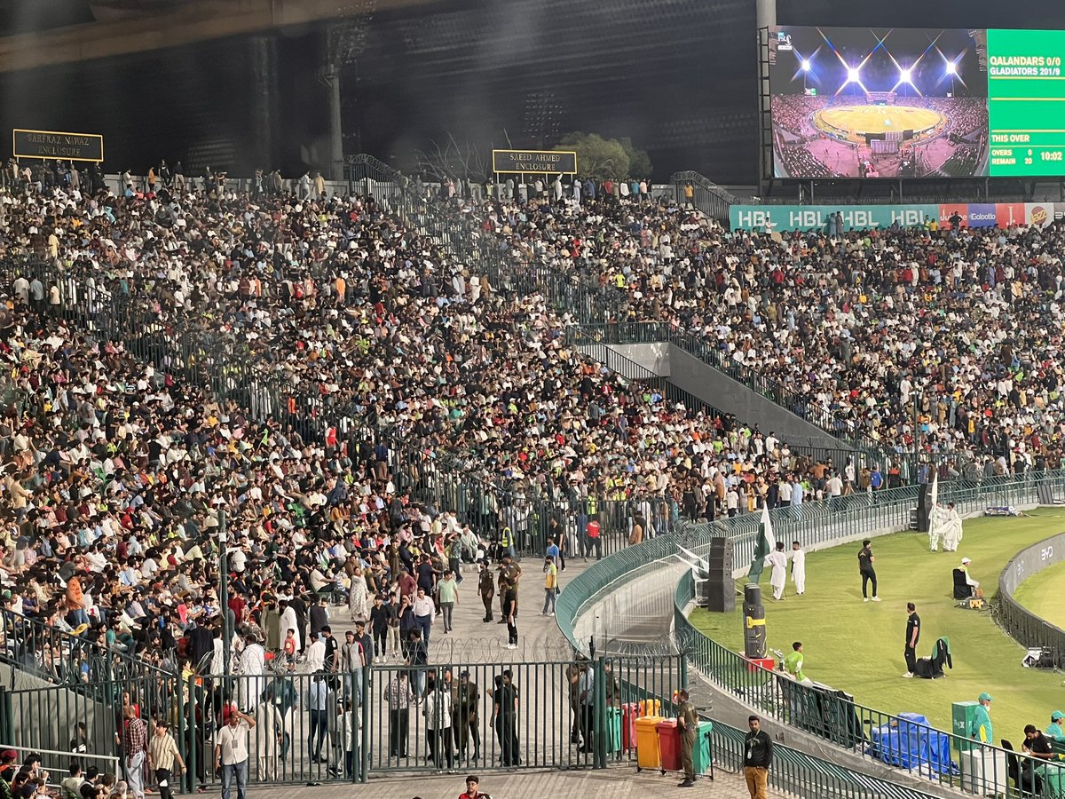 Scenes from Gaddafi Stadium Lahore, Pakistan Super League 10 Final match 

© Pakistan Super League &amp; Pakistan Cricket Team 

#QGvLQ #HBLPSLX #HBLPSL10 #PSL10 #psl102025 #PakistanZindabad #Lahore #quettagladiators #LahoreQalandars  #quettanews 🇵🇰🇵🇰 #PSLFinal
