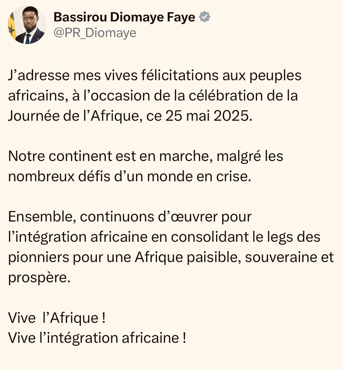 Ousseynou LY (@citizenlysn) on Twitter photo Journée de l’Afrique, le message du Président de la République <a href="/PR_Diomaye/">Bassirou Diomaye Faye</a>. Journée de l’Afrique, le message du Président de la République <a href="/PR_Diomaye/">Bassirou Diomaye Faye</a>.