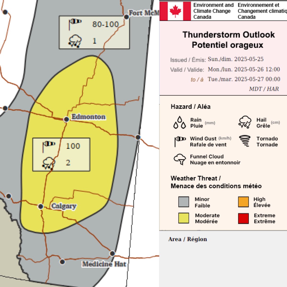 IWeatherAB's tweet photo. MONDAY: #Edmonton, #Calgary, #RedDeer, etc., included in Environment Canada’s yellow forecast area for the risk of 100km/h wind gusts & 2cm hail tomorrow, Monday, May 26, 2025. #abstorm
#MedicineHat, #Lethbridge, #FortMac, etc., included in grey for the risk of 80-100km/h wind gusts.
More details ASAP.
- Adam & Brennen
#alberta #AlbertaWeather