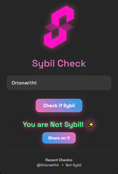 Orionwithl's tweet photo. IM NOT SYBIL!
Check yours at https://t.co/14WrFhUtta
@SuccinctLabs
#SybilCheck https://t.co/y8VcJ2wps1