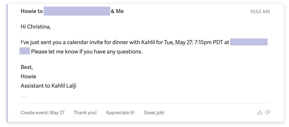 this girl's dating app profile read, "i'm weirdly attracted to: texting like it's a corporate email" so I had <a href="/howie_ai/">Howie</a> schedule dinner