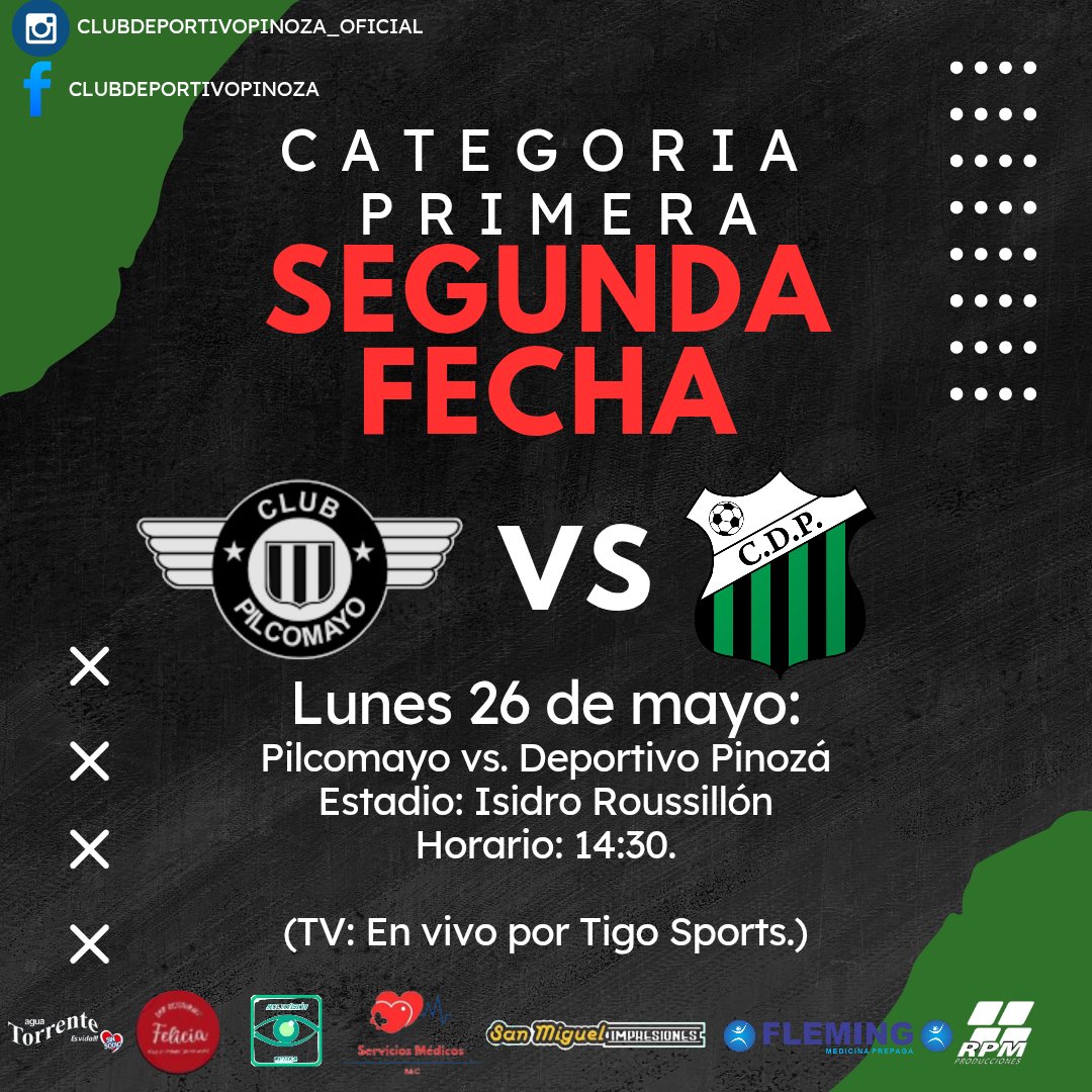 ClubPinoza's tweet photo. ¡Prepárate para la acción! La segunda fecha de la Categoría Primera está a la vuelta de la esquina. El Club Deportivo Pinozá se enfrentará a Pilcomayo este lunes 26 de mayo en el Estadio Isidro Rousillón, a las 14:30. ¡Podrás verlo en vivo por Tigo Sports! 🖤💚💪🏼 https://t.co/OB1FtUy2Vl
