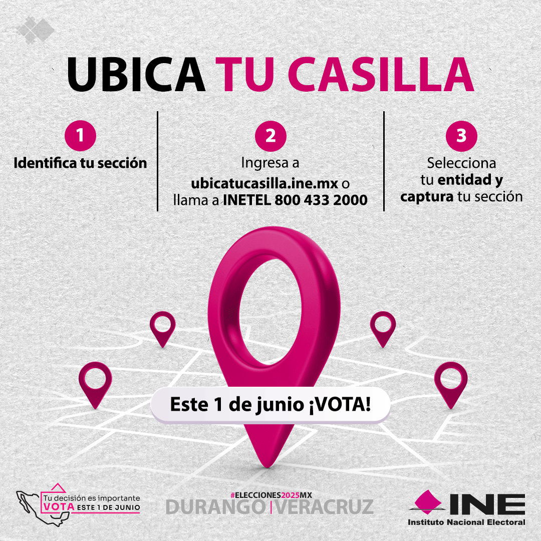 INEMexico's tweet photo. Este 1 de junio, tu decisión es importante en las​ #Elecciones2025MX de #Veracruz y #Durango. 🗳️​

​📍📲 https://t.co/L2z6Z7WqOB o ​llama a INETEL 800 433 2000.

¡Vota este 1 de junio! https://t.co/CVcWo9a1UI