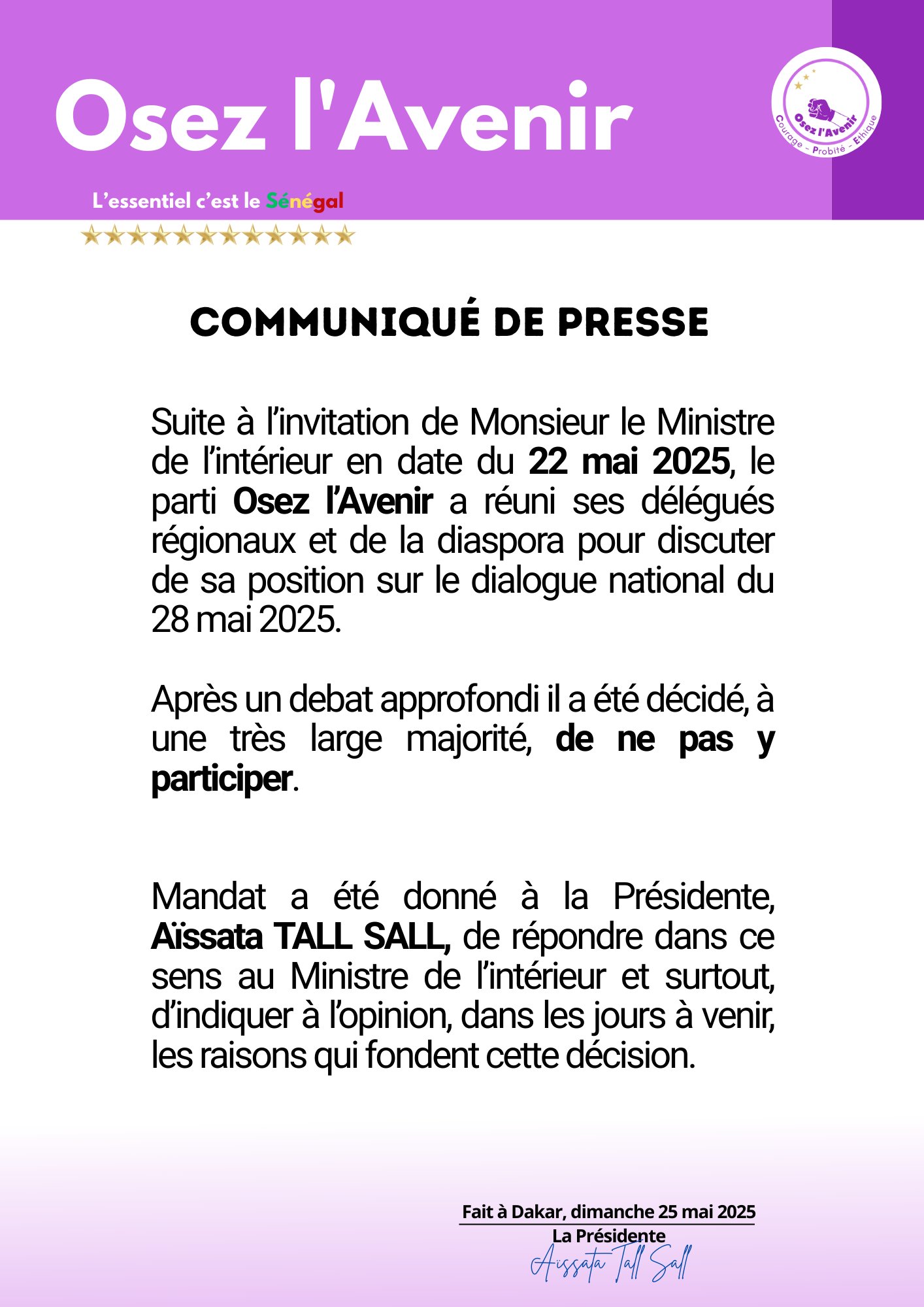 COMMUNIQUÉ DE PRESSE
Osez l’avenir