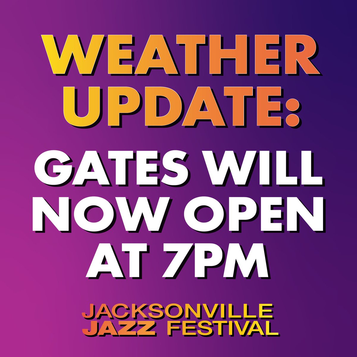🚨 WEATHER UPDATE 🚨
Due to weather in the area, gate opening is now delayed until approx. 7 and is subject to change depending. Connie Han will not be performing at today’s Jacksonville Jazz Festival.
 
Stay tuned to our official social media channels for real-time updates.