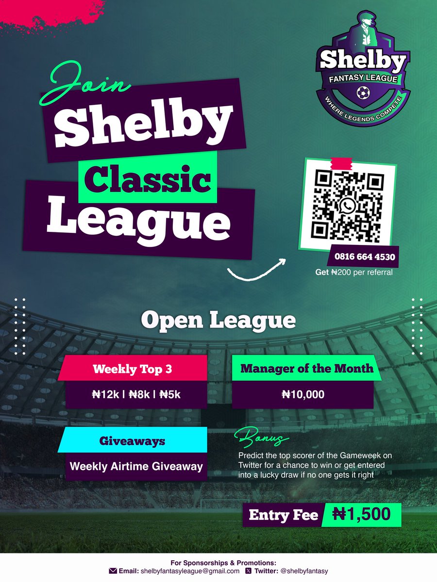 History is about to be made.

Introducing the 1st Edition of Shelby Fantasy League Classic FPL 2025/26!
No past winners. No legends yet. Just raw competition and a shot at glory from the very start.

Are you ready to become the first-ever Shelby Classic Champion?