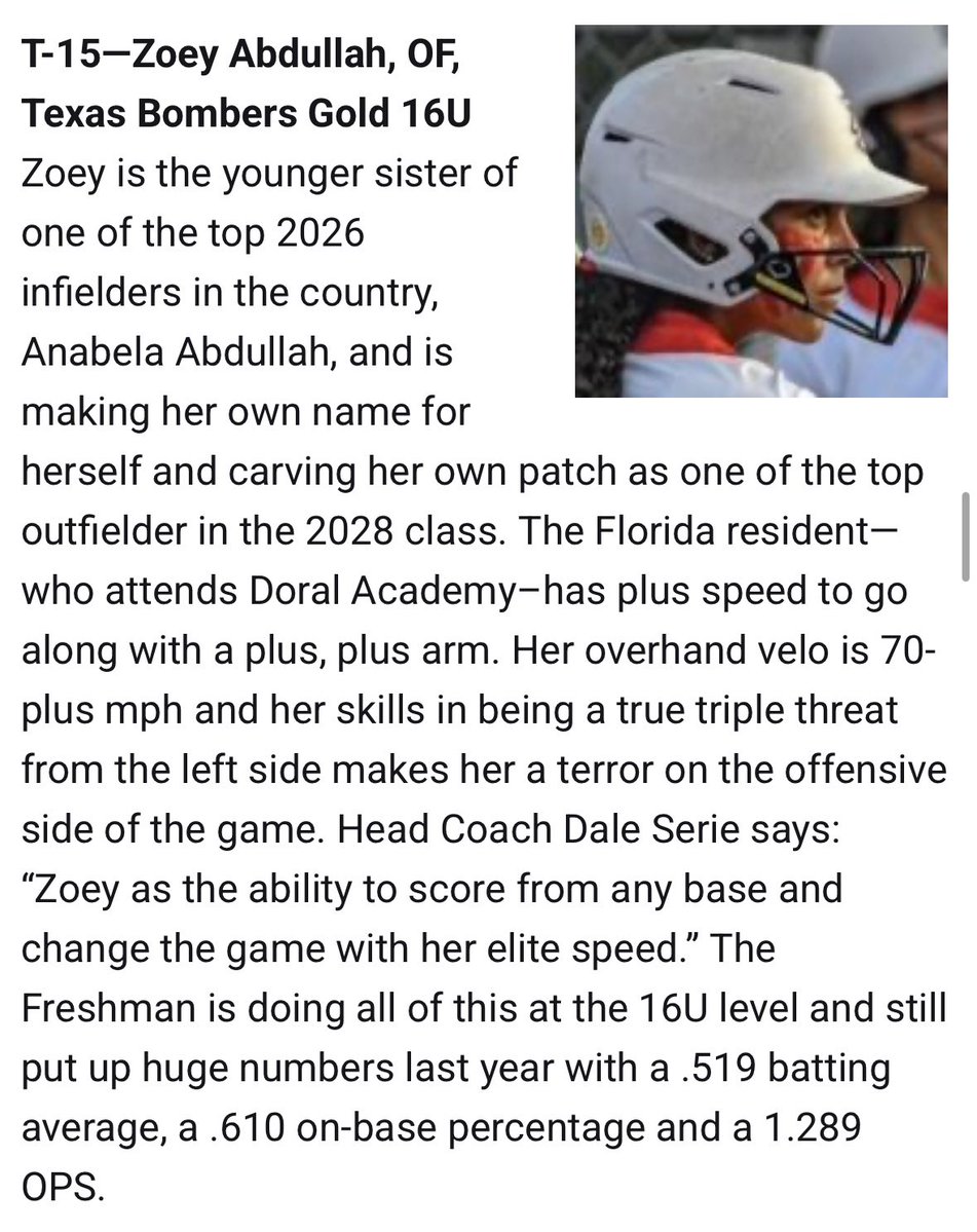 Zoey_Abdullah (@abdullahzoey) on Twitter photo Thank you so much <a href="/LineDsoftball/">Line Drive Media</a> for the recognition. I’m so grateful to be ranked amongst this group of talented players! <a href="/BrenttEads/">Brentt Eads</a> <a href="/bombers_academy/">Bombers Academy</a> <a href="/dale_serie/">Dale Serie</a> <a href="/DoralSoftball/">Doral Academy Softball</a> Thank you so much <a href="/LineDsoftball/">Line Drive Media</a> for the recognition. I’m so grateful to be ranked amongst this group of talented players! <a href="/BrenttEads/">Brentt Eads</a> <a href="/bombers_academy/">Bombers Academy</a> <a href="/dale_serie/">Dale Serie</a> <a href="/DoralSoftball/">Doral Academy Softball</a>
