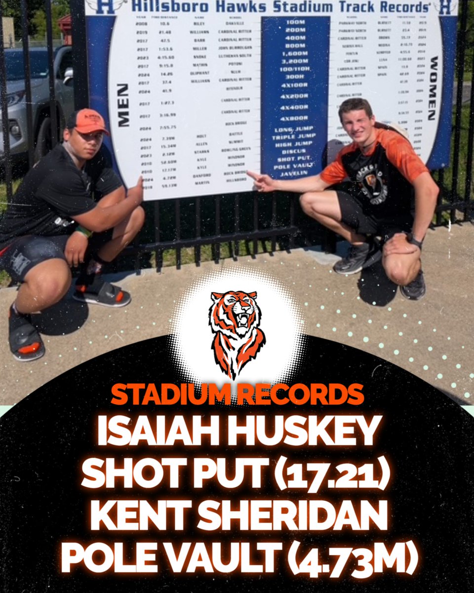 Tiger Nation, help us congratulate both Isaiah and Kent on breaking the facility records at Hillsboro yesterday in the Class 5 sectional meet!! They take on the best Class 5 has to offer next weekend in Jeff City starting Friday!!!