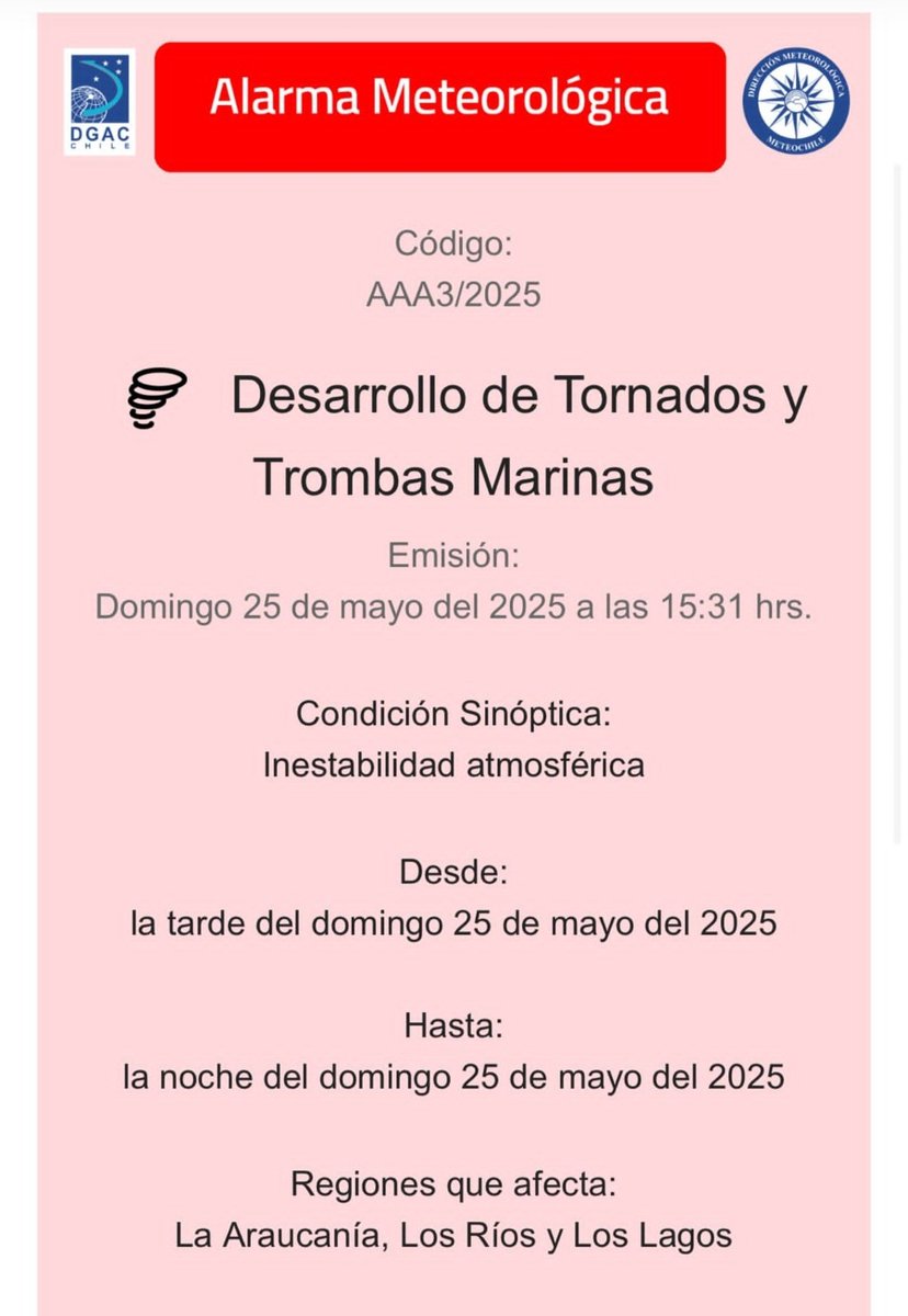 SENAPRED ha emitido una alerta sobre el desarrollo de tornado y trombas marinas en La Araucanía, Los Ríos y Los Lagos. Recomienda tomar las máximas precauciones y evitar salir de nuestras casas. Se adjunta la alerta meteorológica.POR FAVOR COMPARTIR.