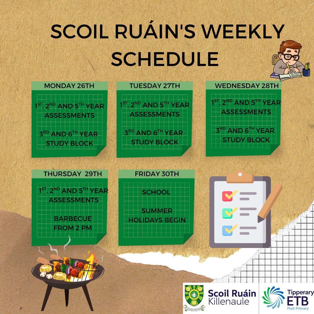 Scoil Ruáin (@scoilruain) on Twitter photo Our last school week of this academic year! All assessments will take place in the Sports Hall. <a href="/TipperaryETB/">Tipperary Education and Training Board</a> Our last school week of this academic year! All assessments will take place in the Sports Hall. <a href="/TipperaryETB/">Tipperary Education and Training Board</a>