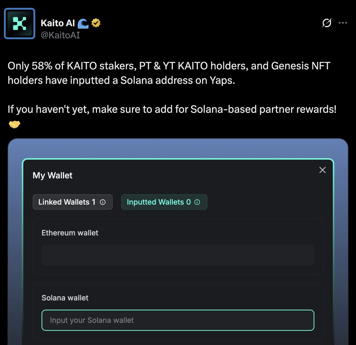 if you're an active yapper make sure to add your Solana wallet to <a href="/KaitoAI/">Kaito AI 🌊</a> asap

you do not want to miss this

<a href="/stayloudio/">Loud!</a>