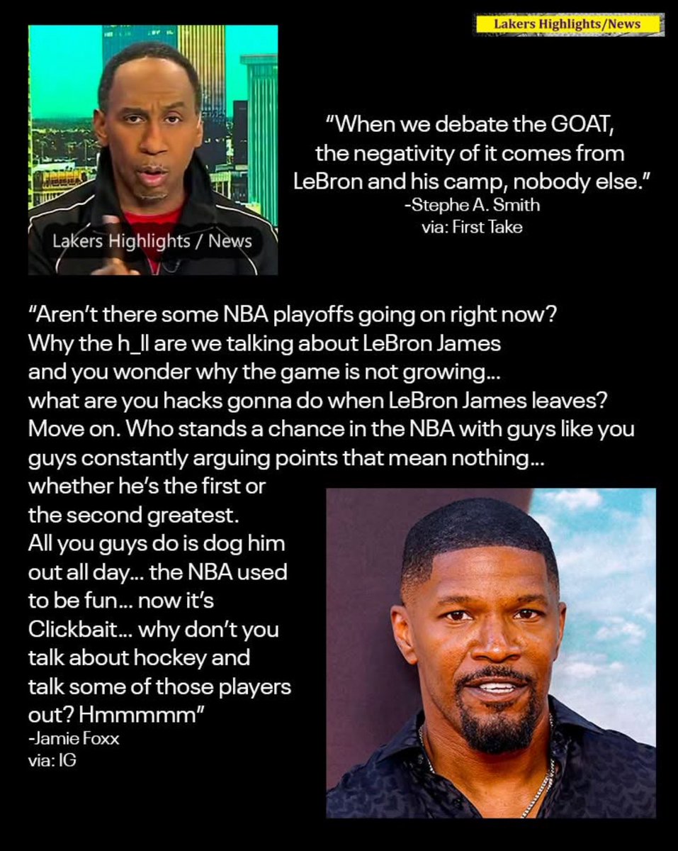 Larry P. 🏀 (@nycvipers) on Twitter photo Here’s more proof that LeBron is the greatest player of all time: Even during the playoffs, if they’re not talking about LeBron, their ratings plummet.
There’s nothing about Jordan that can dominate a 24/7 news cycle the way LeBron does and keep people hooked
<a href="/stephenasmith/">Stephen A Smith</a> Here’s more proof that LeBron is the greatest player of all time: Even during the playoffs, if they’re not talking about LeBron, their ratings plummet.
There’s nothing about Jordan that can dominate a 24/7 news cycle the way LeBron does and keep people hooked
<a href="/stephenasmith/">Stephen A Smith</a>