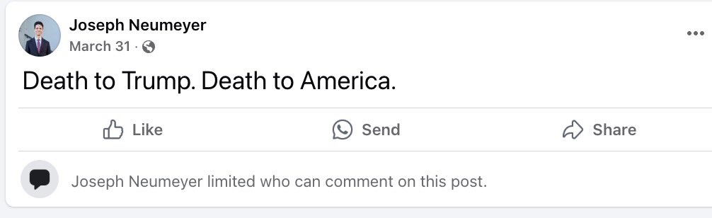 BREAKING: Joseph Neumeyer, the man arrested at JFK for planning to firebomb the U.S. embassy outpost in Tel Aviv, posted “Death to Trump. Death to America.”

Pro-Palestinians are the most violent people on planet earth. We need investigations and prosecutions.
