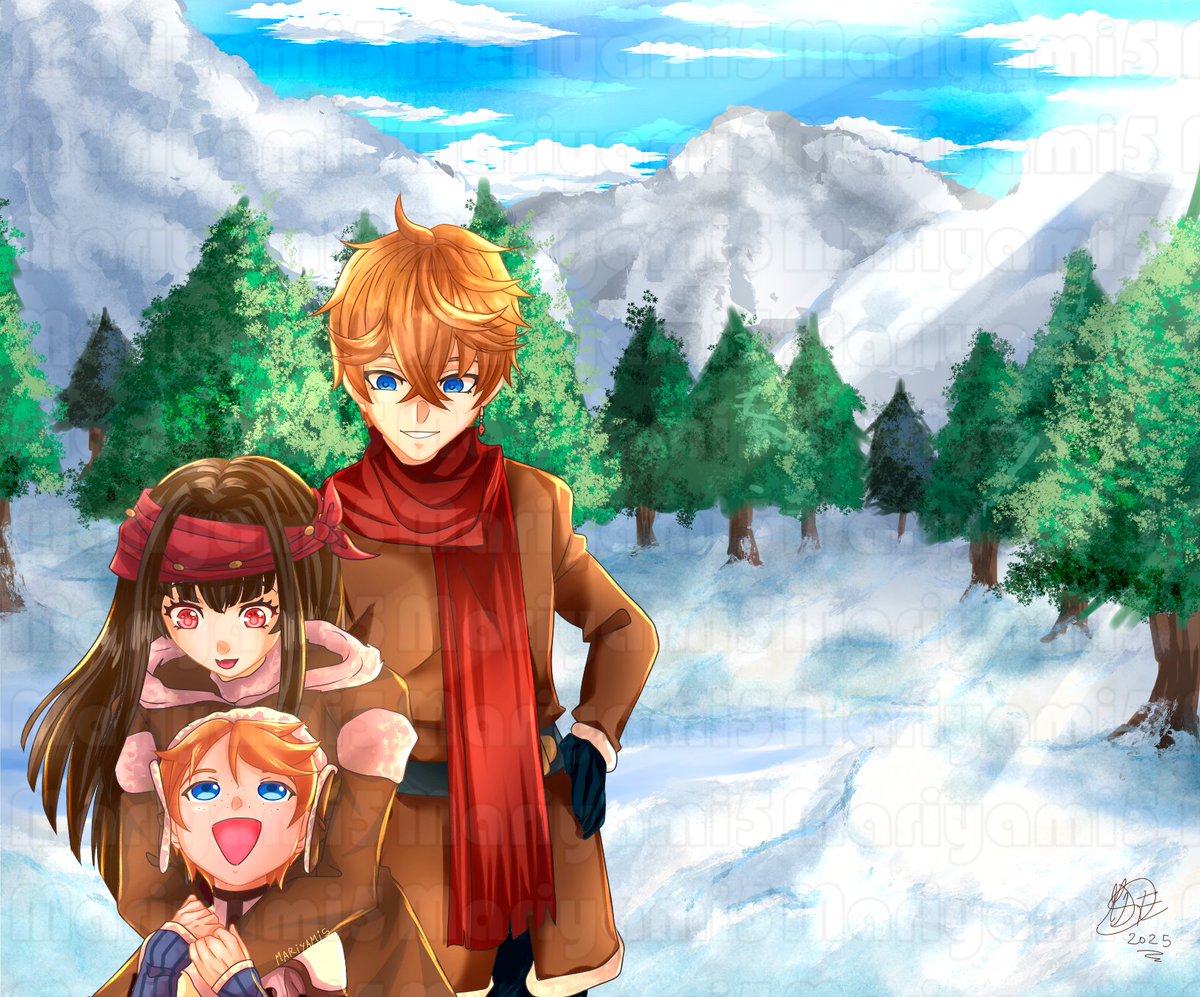 Mariyami's tweet photo. Hi! I'm here to show you this drawing I recently finished, of Tartaglia and Terrence along with my Oc Bonnie. I wanted to practice a snow-like background, and this was the result. I'm truly proud of it. ❤️#Genshinfanart #tartaglia #genshintartaglia #mihoyo #commissionsopen https://t.co/OGvB7A8WBJ