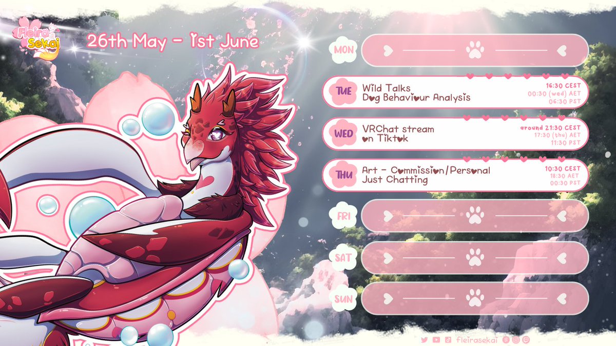 𝑊𝑒𝑒𝑘 𝑠𝑐ℎ𝑒𝑑𝑢𝑙𝑒 ✦
_________________________
Wild Talks week :3!
I would love to speak about your pets on tiktok too, I hope to manage to stream there 🥺
But I should have a solution, just in case 👀

#vtuber #furry #vrchat #vulper