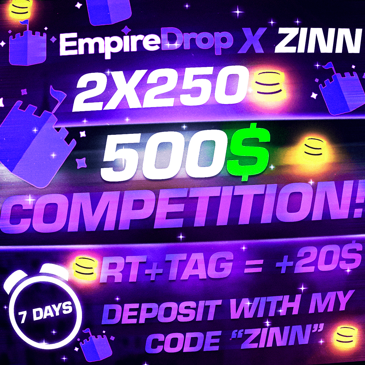👑 $500 <a href="/empiredropcom/">EmpireDrop</a> Competition! 👑

🎉 2 Winners – $250 EACH! 🎉

💰 20$ for random RTs + tags!

🔹 How to Enter:

1️⃣ Deposit $250 on EmpireDrop using code zinn (after this post)
2️⃣ Send your deposit proof to our Discord:
📁 Channel: #500-comp-empiredrop
🔗