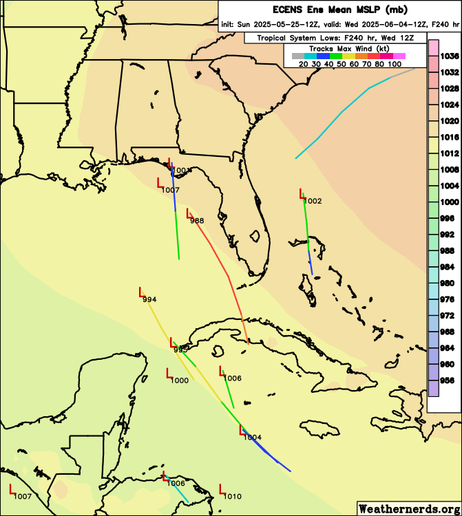 FloridaTropics1's tweet image. 12z Euro Ensembles have some activity in the first week of June. About 20% of the members showing development in the Western Caribbean or Gulf. Something that bears watching as we are 7 days away from the start of hurricane season.