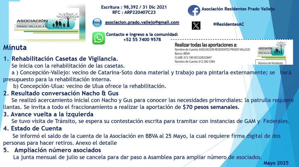 ResidentesAc's tweet photo. Estimados vecinos, compartimos la minuta de la reunión mensual de Mayo. Juntos Asociación, COPACI 2025-2028 y chat de Emergencias por un digno y seguro #PradoVallejo https://t.co/lcS5jaC5YH