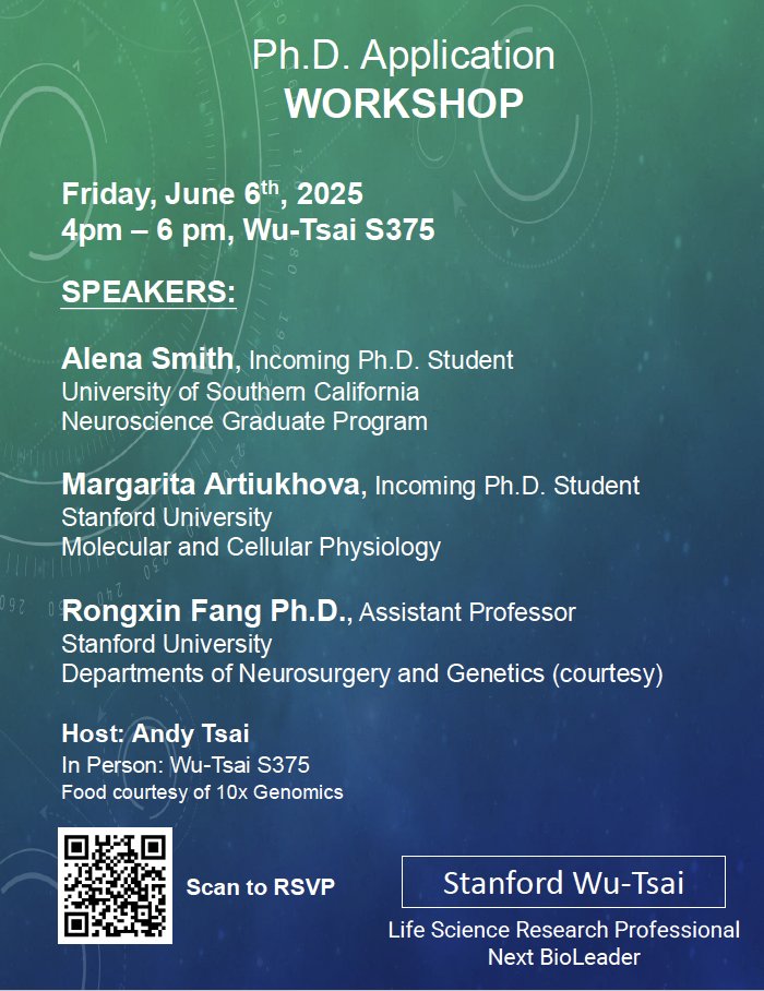 Next BioLeader (@nextbioleader) on Twitter photo 🚀 Calling our 🎓Next BioLeader!
Join our PhD Application Workshop!
🗓️ Fri, 6/6, 4–6pm
🎤 Speakers:
🧠 Dr. <a href="/RongxinFang/">Rongxin Fang, Ph.D.</a> – fanglabstanford.org
Alena Smith & Margarita Artiukhova – LSRP ➡️ PhD!
🔗 RSVP: forms.gle/VZB71ZvxUrnTsS…
#NextBioLeader #PhDApps #STEMMentorship #Stanford 🚀 Calling our 🎓Next BioLeader!
Join our PhD Application Workshop!
🗓️ Fri, 6/6, 4–6pm
🎤 Speakers:
🧠 Dr. <a href="/RongxinFang/">Rongxin Fang, Ph.D.</a> – fanglabstanford.org
Alena Smith & Margarita Artiukhova – LSRP ➡️ PhD!
🔗 RSVP: forms.gle/VZB71ZvxUrnTsS…
#NextBioLeader #PhDApps #STEMMentorship #Stanford