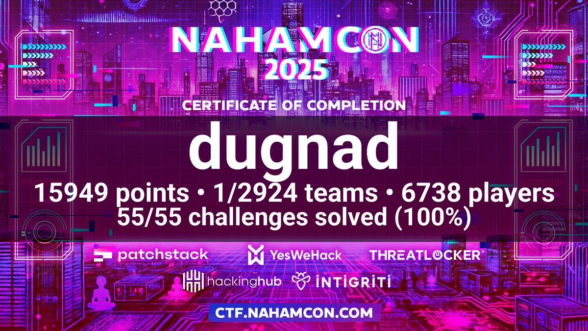 dugnadctf's tweet image. We participated in the NahamCon 2025 CTF! Thanks @nahamsec @_JohnHammond @BuildHackSecure @HuskyHacksMK @kkevsterrr and all others involved! #NahamCon2025