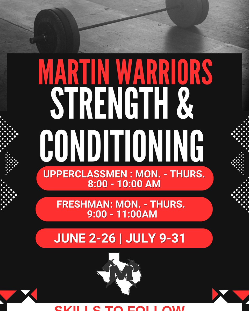 🏋️‍♂️ Get Stronger This Summer with the Martin Warriors!
Join us for Strength &amp; Conditioning sessions:
🔹 Upperclassmen: Mon–Thurs, 8:00–10:00 AM
🔹 Freshmen: Mon–Thurs, 9:00–11:00 AM
📅 Dates: June 2–26 | July 9–31
💪 Skills to Follow – Be Ready to Compete!