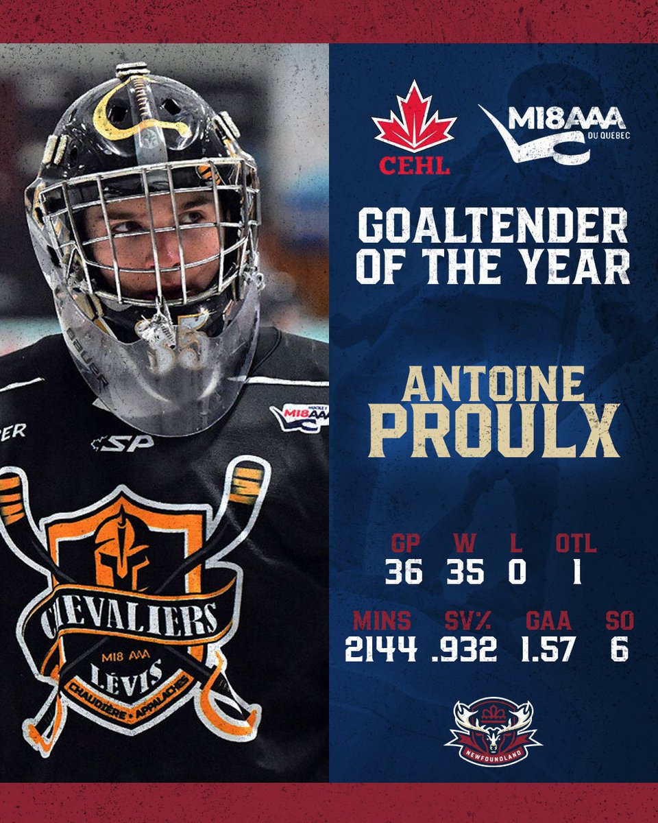 Big congrats to Newfoundland Regiment prospect Antoine Proulx on being named CEHL Goaltender of the Year and recipient of the Ken Dryden Award as the top goaltender in the LHM18AAAQ! 🧤

Unite. Inspire. Defend