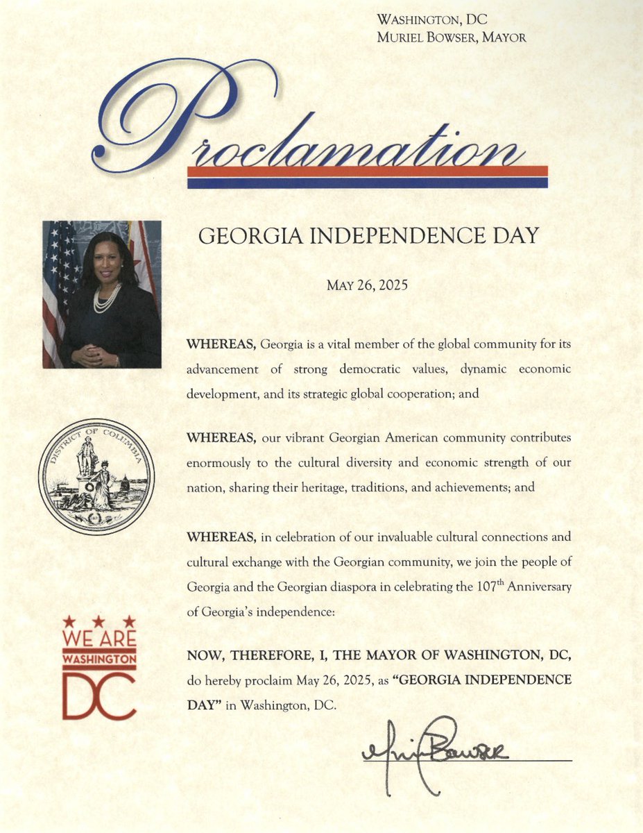 🇬🇪🇺🇸The mayor of the U.S. capital, Washington, D.C., Muriel Bowser, congratulates Georgia on Independence Day, and by the mayor’s decision, May 26 has been declared Georgian Independence Day in Washington D.C.