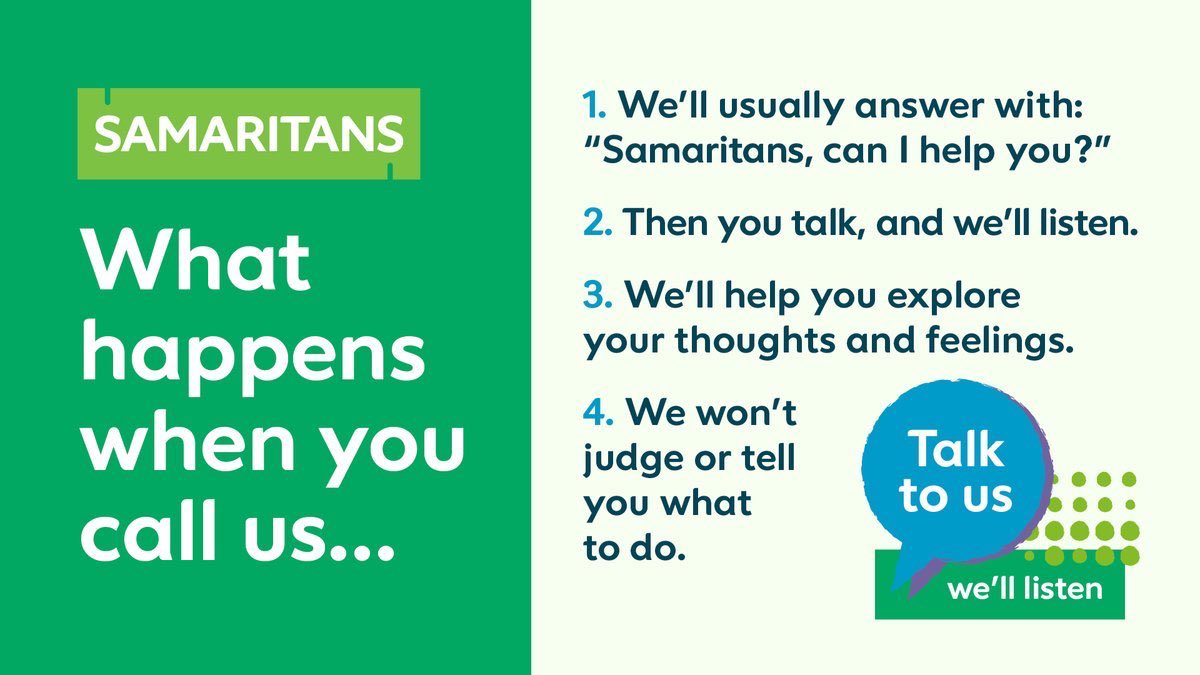Not sure what to expect if you call us?

Here are 4 steps that let you know what happens when you call us (on 116 123) 

👇💚