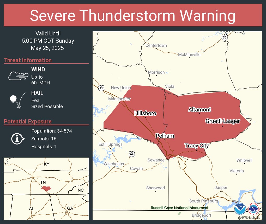 Severe Thunderstorm Warning continues for Gruetli-Laager TN, Tracy City TN and  Monteagle TN until 5:00 PM CDT