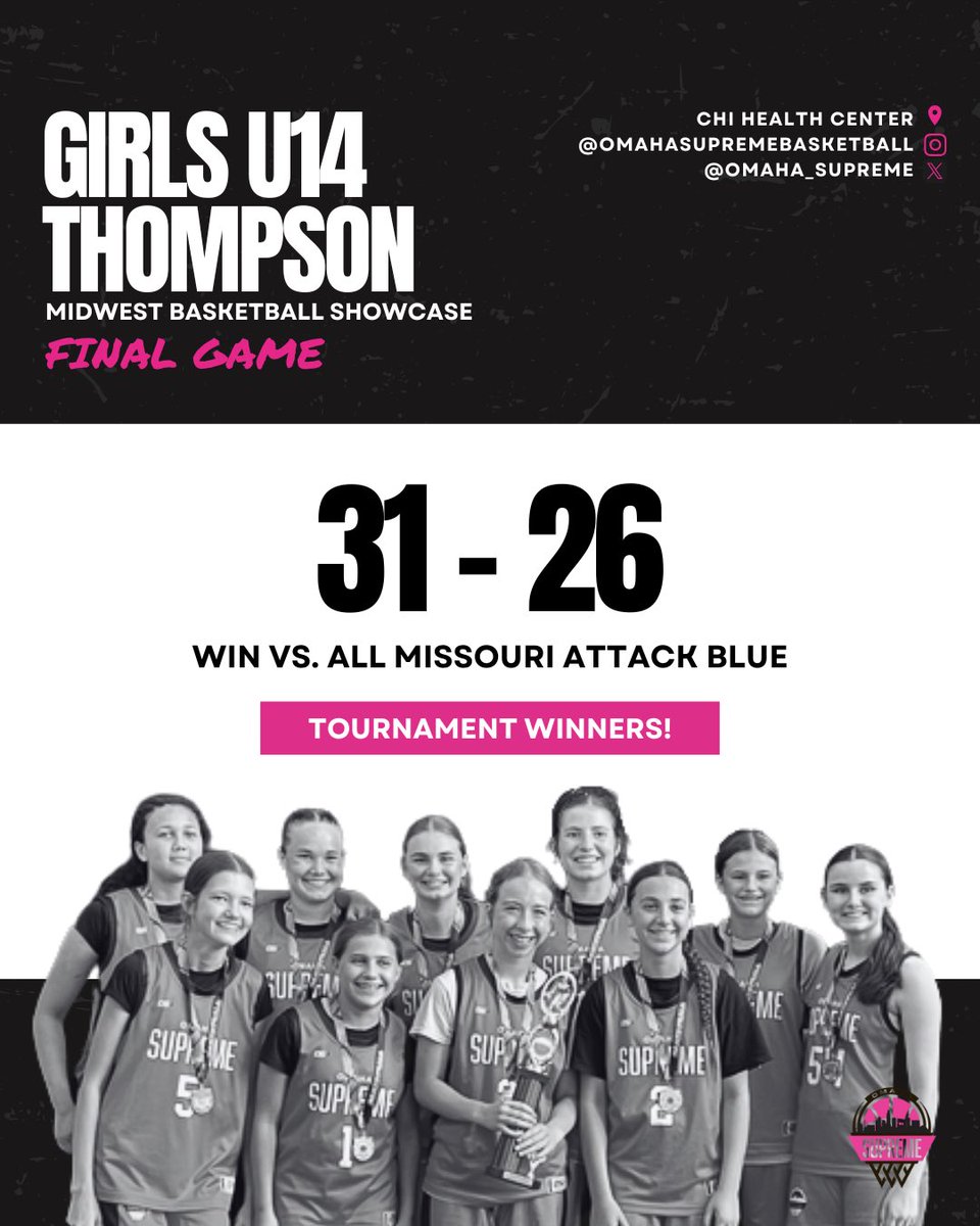TOURNEY CHAMPS! 🏀🏆🔥

Congrats to Omaha Supreme Girls U14 Thompson on winning their division at the Midwest Basketball Showcase! Way to play, girls! #MidwestBasketballShowcase #14UGirlsBasketball #OmahaSupreme
