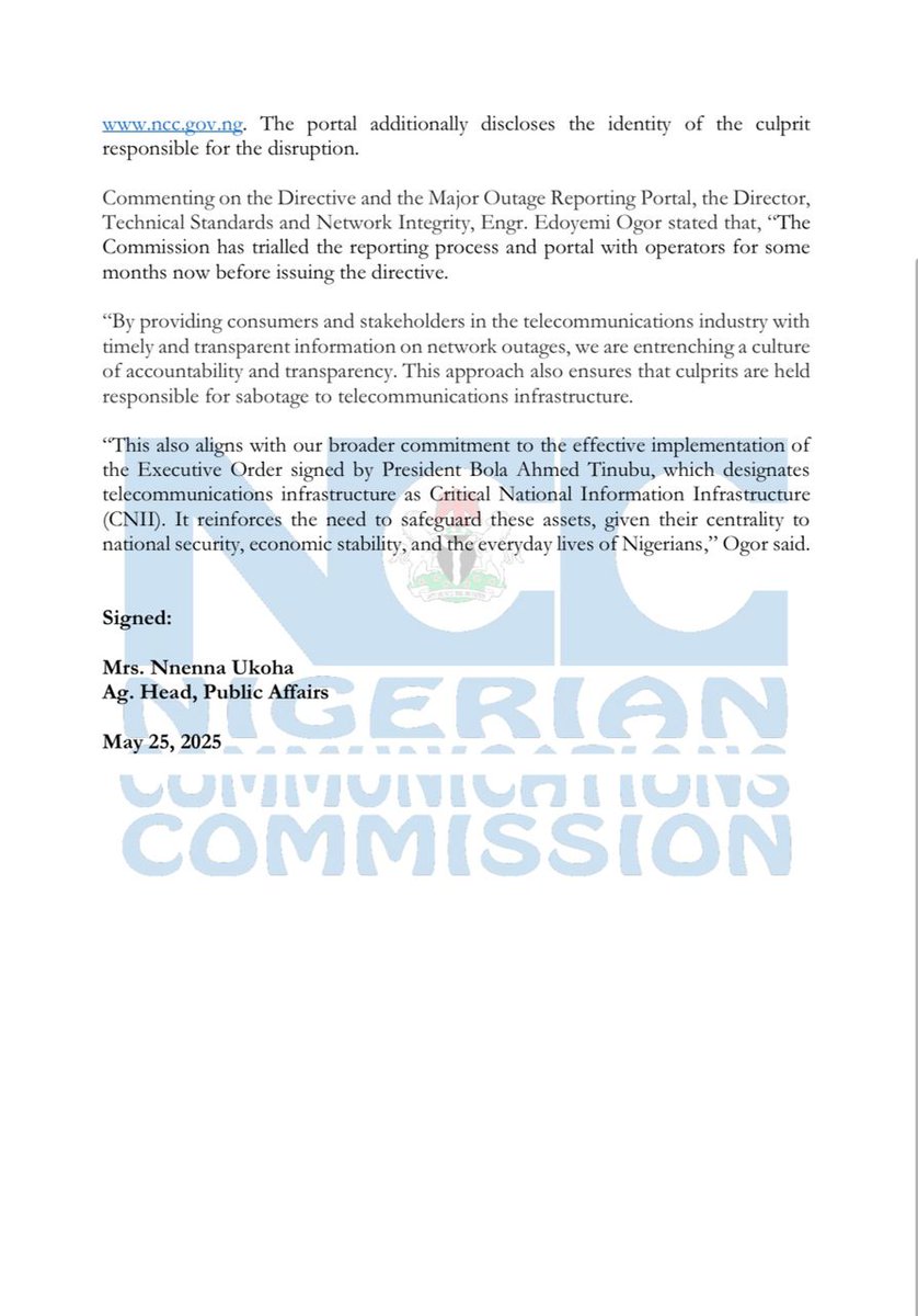 Press Statement

NCC Mandates Service Providers to Inform Consumers about Major Outages on Networks, Launches Portal.