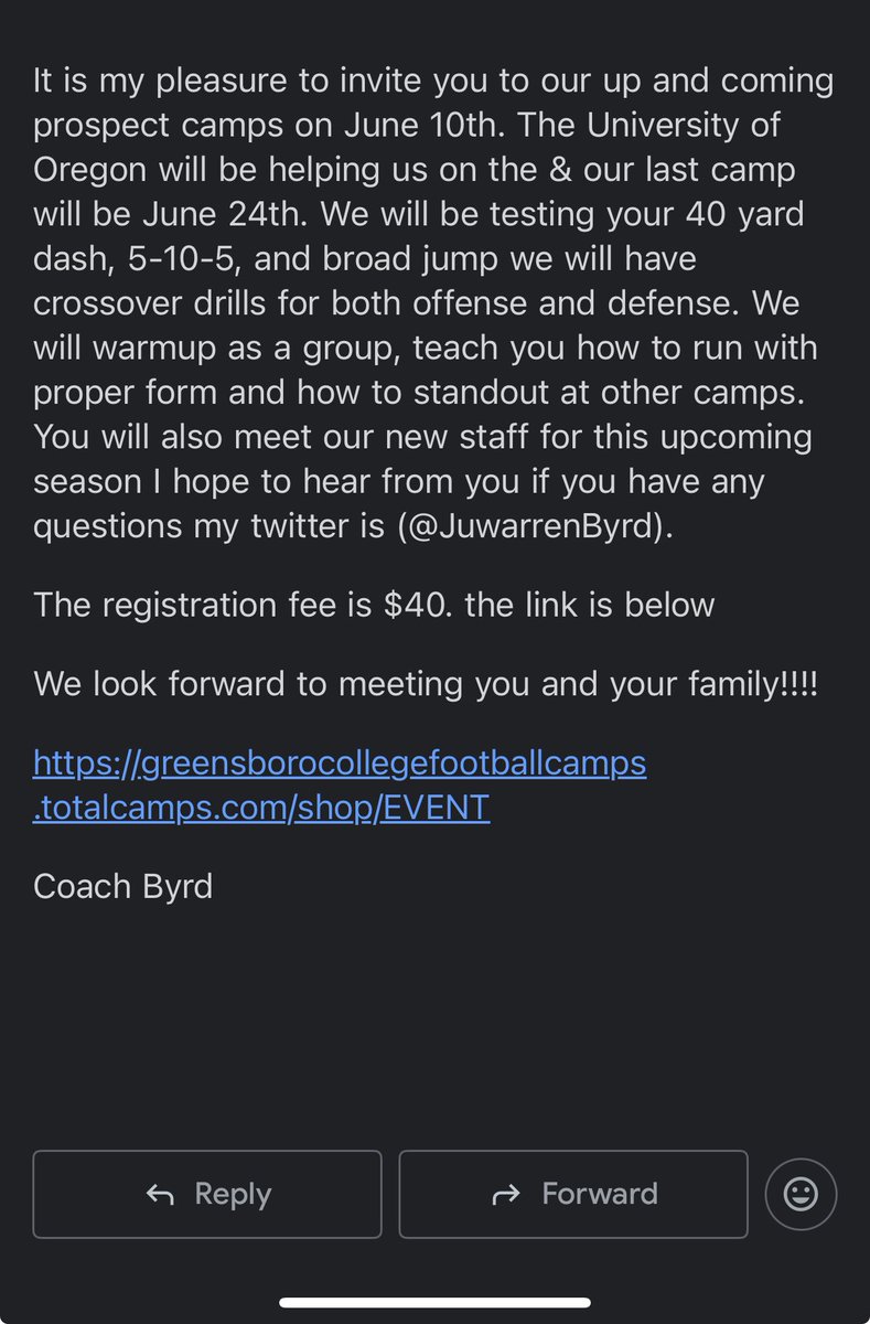 Darius Walker (@darius_wjr) on Twitter photo Thank you <a href="/JuwarrenByrd/">Coach Byrd</a> for inviting me to Greensboro College football camp ! <a href="/coach_card/">Tyler Card</a> <a href="/GC_Pride_Fball/">Greensboro College Football</a> Thank you <a href="/JuwarrenByrd/">Coach Byrd</a> for inviting me to Greensboro College football camp ! <a href="/coach_card/">Tyler Card</a> <a href="/GC_Pride_Fball/">Greensboro College Football</a>