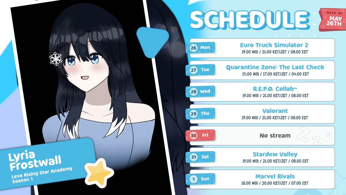 Sudah saatnya kembali ke realita kehidupan ini~
Seperti biasa Lily kembali dengan membawa jadwal mingguan ❄

📅 26 Mei - 1 Juni 2025 
📍 youtube.com/@LyriaFrostwal…
🎨 : <a href="/airednavi7/">Ai Rednavi | Debut Soon</a> 

Hastag ❄
General : #LyriaTales
Stream : #LilyOnAir
Art : #LyriArt  
Fandom : #Lilybuds