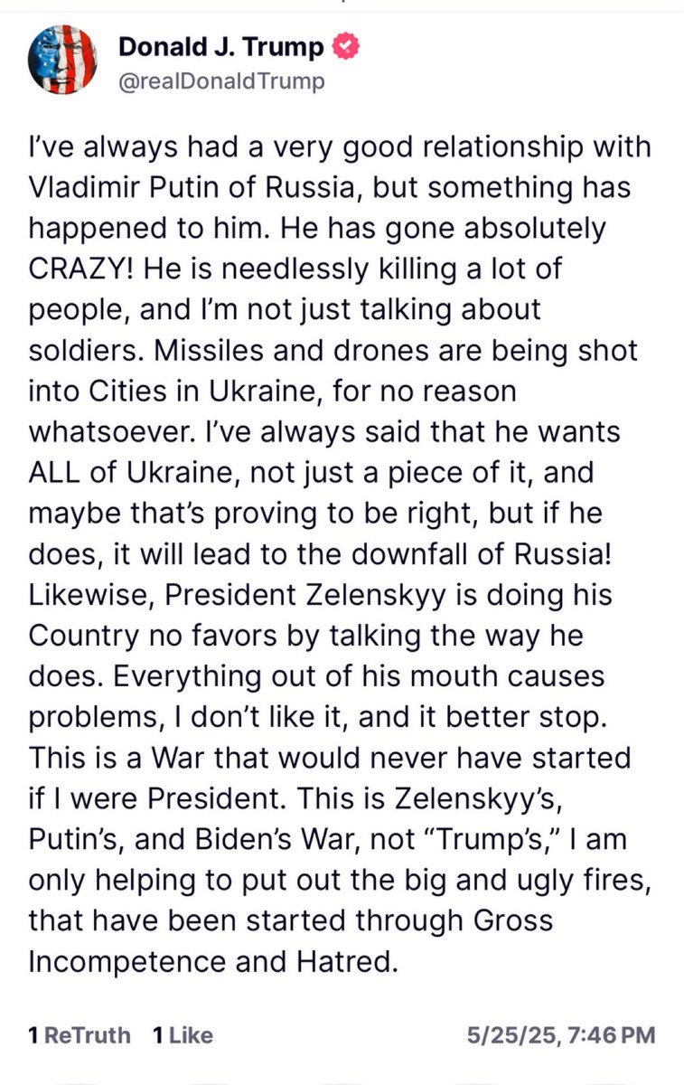 Geoff_Mackler's tweet photo. Remember when Trump said he’d end the war in #Ukraine on day one. 

How’s that going? According to this @realDonaldTrump post he has been failing badly and been played by Putin. https://t.co/1Q5a2N9LTX