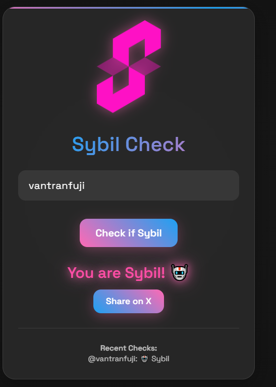 vantranfuji's tweet photo. @SuccinctLabs uncovered what I’ve been trying to hide all this time—how the hell is it that good? What gave me away?
Check yours at https://t.co/X3fqHgyBIr
@SuccinctLabs #SybilCheck https://t.co/nS5W5RnID4