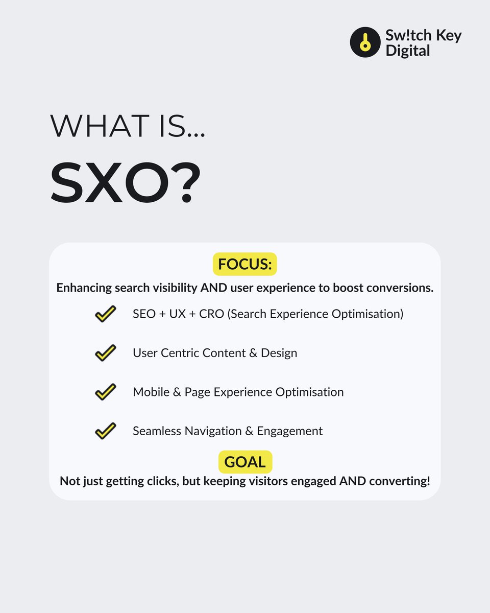 SEO vs. SXO: What's the real difference?

SEO alone won’t do the job. SXO ensures you get the clicks and the conversions.

Do you want to take your website beyond just traffic? 🚀 Let’s chat about how SXO can help!

#SwitchKeyDigital #SXO #SEO #SearchExperienceOptimization
