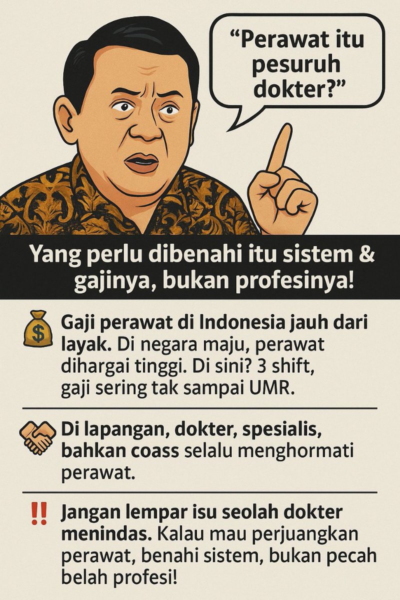 Perawat itu bukan pesuruh. Mereka profesional kesehatan yang berdedikasi. Hormati kerja keras mereka, jangan adu domba dengan narasi2 yang menjatuhkan.
#HormatiPerawat #DokterDanPerawatSatuTim #JanganAduDombaTenagaKesehatan