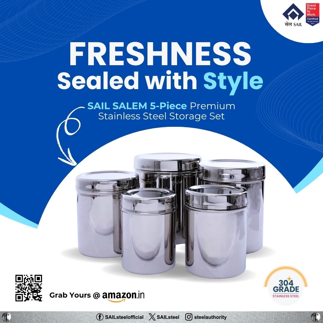 Steel Authority of India Limited (SAIL) (@sailsteel) on Twitter photo Keep your kitchen organized and your food fresh with the SAIL Salem 5-Piece Premium Stainless-Steel Storage Set. Crafted from 304-grade steel – durable, airtight, and elegant.
Available now on amzn.in/d/3G44Puy
<a href="/PMOIndia/">PMO India</a>, <a href="/SteelMinIndia/">Ministry of Steel</a>, <a href="/hd_kumaraswamy/">ಹೆಚ್.ಡಿ.ಕುಮಾರಸ್ವಾಮಿ | H.D.Kumaraswamy</a>, <a href="/BjpVarma/">Bhupathiraju Srinivasa Varma</a>, Keep your kitchen organized and your food fresh with the SAIL Salem 5-Piece Premium Stainless-Steel Storage Set. Crafted from 304-grade steel – durable, airtight, and elegant.
Available now on amzn.in/d/3G44Puy
<a href="/PMOIndia/">PMO India</a>, <a href="/SteelMinIndia/">Ministry of Steel</a>, <a href="/hd_kumaraswamy/">ಹೆಚ್.ಡಿ.ಕುಮಾರಸ್ವಾಮಿ | H.D.Kumaraswamy</a>, <a href="/BjpVarma/">Bhupathiraju Srinivasa Varma</a>,