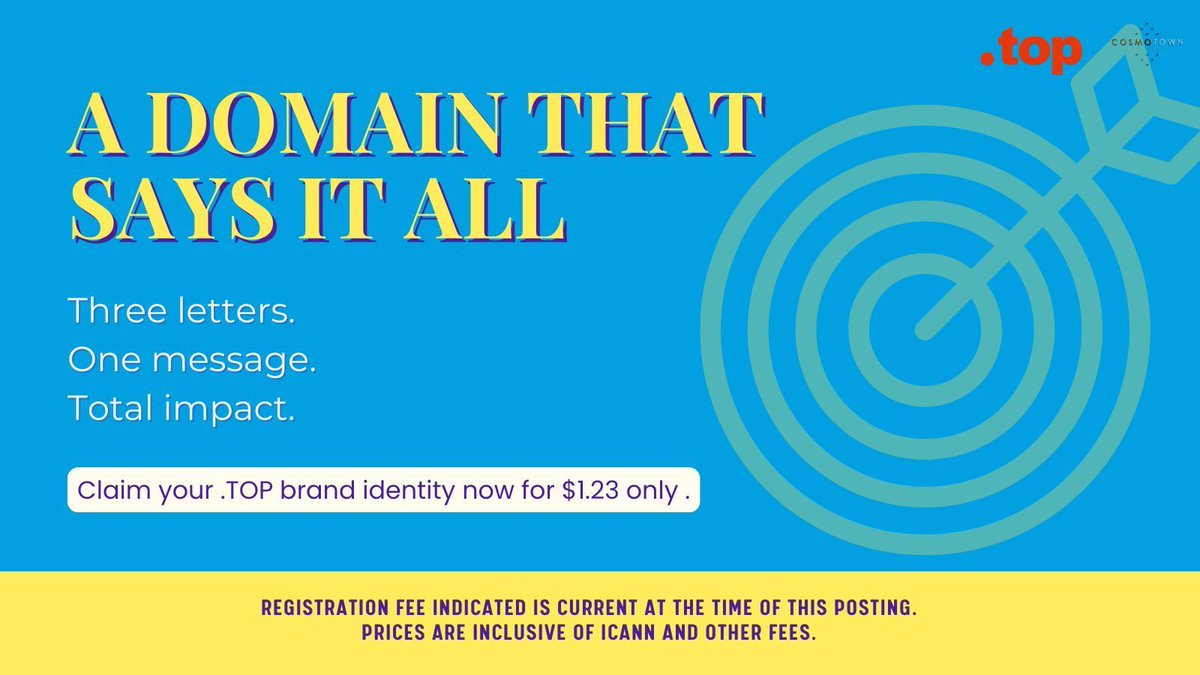 Why settle for forgettable when you can go .TOP?
Short, sharp, and built to impress.
This is branding done right — only on Cosmotown.

Get your .TOP for as low as $1.23.
cosmotown.com 

#brandstrategy #domains #TOPdomains