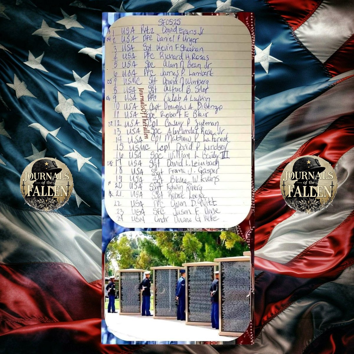 Patriots let us Honor the Fallen that gave their all on this day May 25th during the Global War On Terror . 
May they all Rest in Peace!
SemperFidelis,
ECasas 
#V1P52
#JOTF4442
#neverforgotten7050 #USA #USMC #USN #JournalsOfTheFallen43000
#TheNamesofTodaysFallen